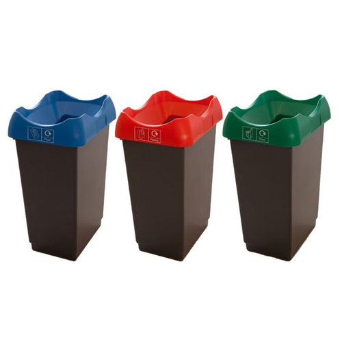 Open top 50L office recycling bin package with blue, red and green lids for paper, plastics and mixed recycling — UK office bins