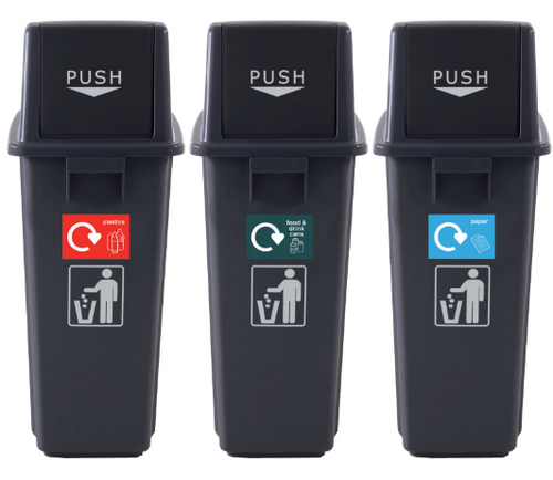 Push flap 60L office recycling bin package — three black bins with push lids for plastics, food and paper recycling streams