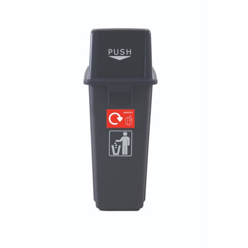 Push flap 60L office recycling bin with black body and plastics recycling label — UK commercial workplace bin